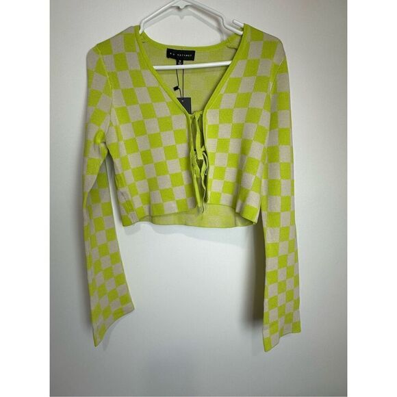 gingham tie closure crop knit cardigan top - Picture 5 of 6